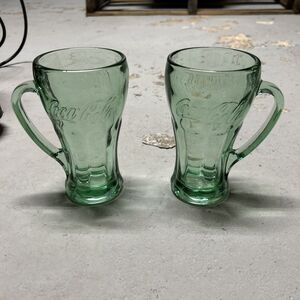 Pair of Vintage Coca-Cola Drinking Glasses Heavy Green Coke with Handle